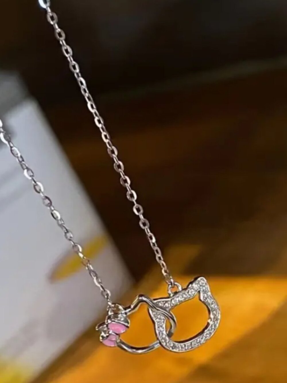 Hello Kitty Rhinestone Pendant Necklace Sparkling Silver & Pink Charms